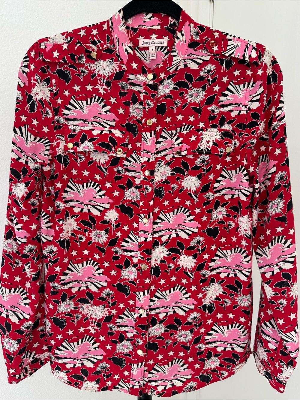 Vintage Y2K JUICY COUTURE Red Silk Blouse JC signature Buttons - Sz 2